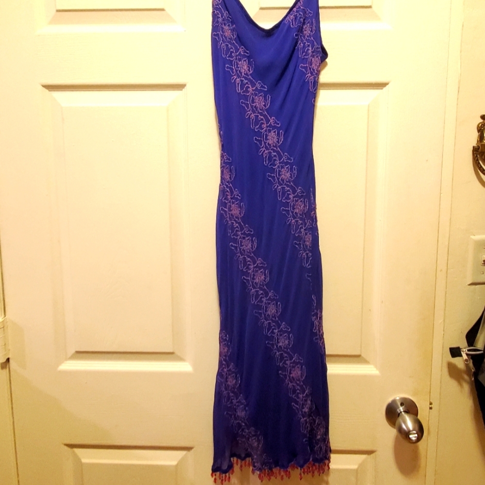 Vintage 90s Betsey Johnson NY Black Label Blue Beaded Slip Evening Dress Medium